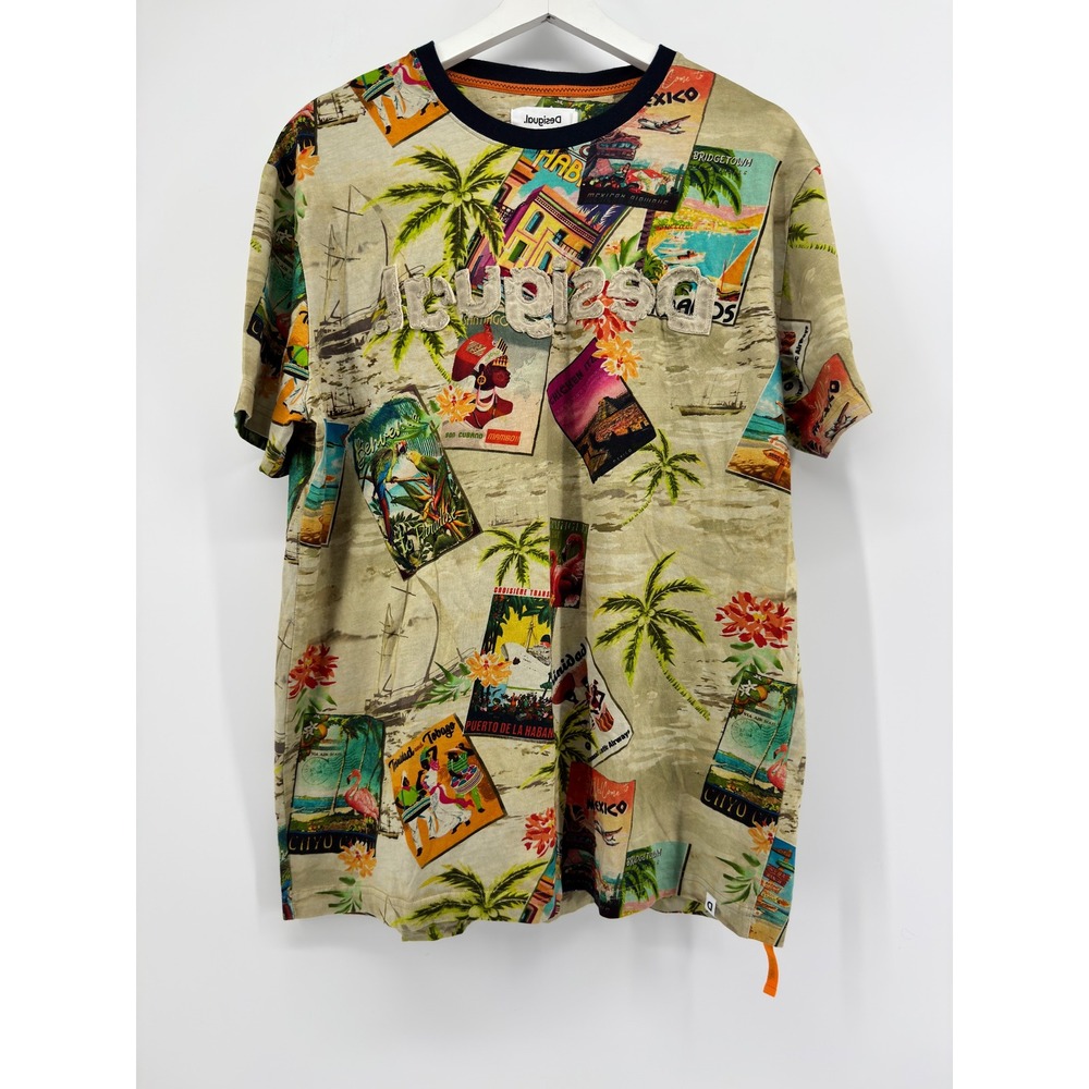 Desigual Mens Tropical Postcard Print T-Shirt L Embroidered Logo